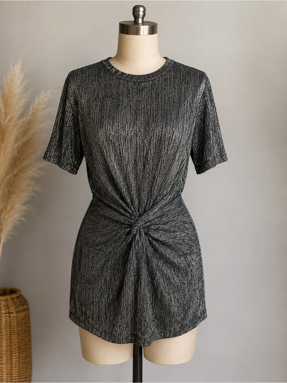 MNG size medium Knot Front Short Sleeve Metallic Dress - Black